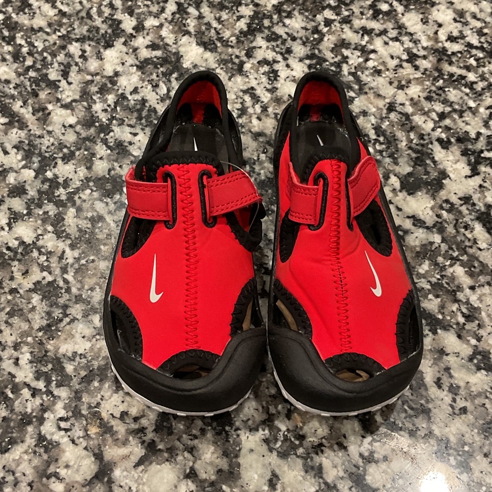 SOLD- Nike Kids Red and Black Water Shoes with White Swoosh